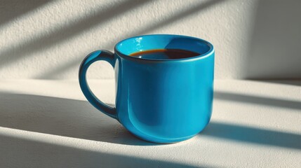 Blue coffee mug casting a shadow on a white table, highlighting its color and simple, clean design