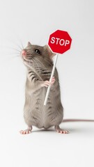 mouse holding a red stop sign, road sign, solid white background
