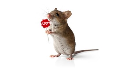 mouse holding a red stop sign, road sign, solid white background