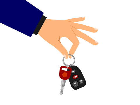Hand in a blue suit sleeve holding a modern car key and a black remote fob on a keyring.
