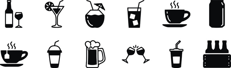 Line Art Set of Cocktail and Drink Icons on Transparent Backdrop