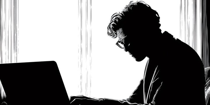 Man working on laptop silhouette in black and white - Powered by Adobe