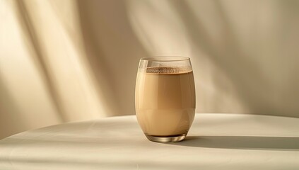 A glass of creamy, brown beverage illuminated by sunlight, set on a white, round surface
