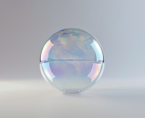 A glassy, iridescent sphere cut in half with a reflective, light pastel internal design