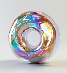 A glassy, ring-shaped object with colorful, swirling refractions, illuminated on a white backdrop