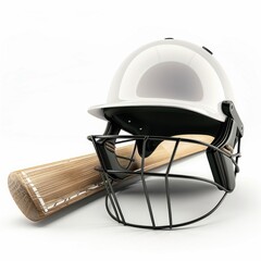 A gleaming white cricket helmet rests upon a wooden bat against a clean white background