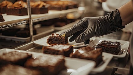 A gloved hand carefully places a brownie on a white plate in a bakery setting