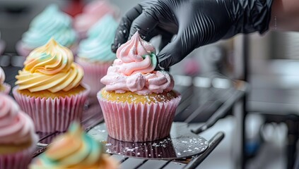 A gloved hand delicately decorates a cupcake with pink frosting and sprinkles