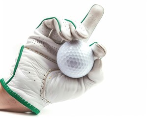 A gloved hand delicately holding a golf ball, set against a pristine white background