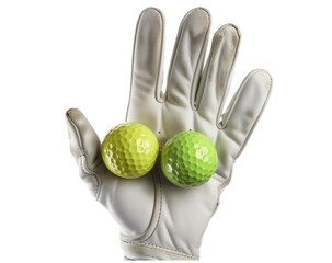 A gloved hand holds two golf balls, one yellow and one green, against a white background