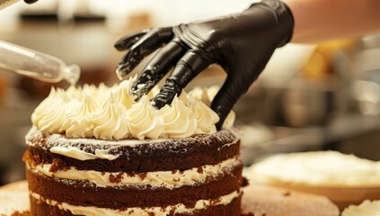 A gloved hand sprinkles edible decorations over a multi-layered frosted cake