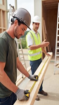 An carpenter carefully measures the length of a board with a tape measure as his foreman offers prompts and support in a construction area during the day