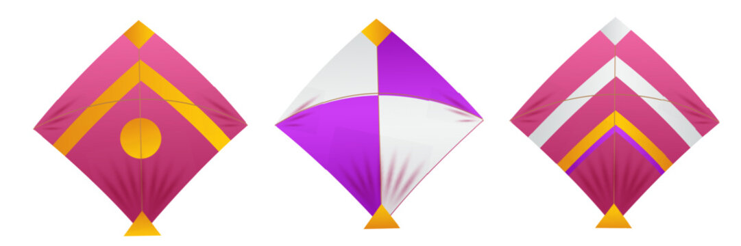 A vibrant collection of three colorful diamond-shaped kites with unique geometric patterns.