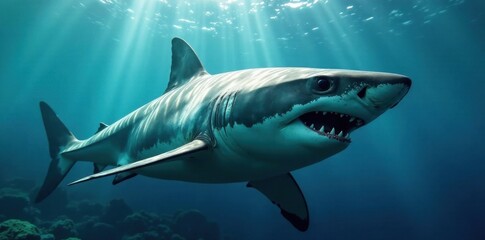 Obraz premium Massive great white shark underwater, eyes fixed, hunting, danger, shadow, dark