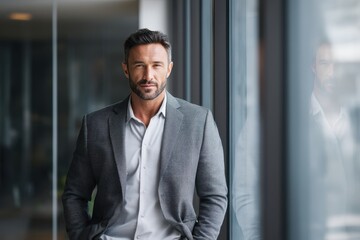 Fototapeta premium Professional man in gray suit by large window in office setting