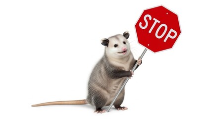 opossum holding a red stop sign, road sign, solid white background