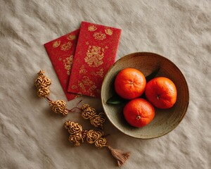 Red envelopes, golden ornaments, and mandarin oranges styled in a clean flat lay. The composition feels modern, calm, and festive.