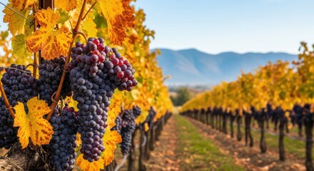 Abundant ripe red grapes hanging on vines in a vibrant vineyard during golden autumn sunlight