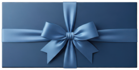 Top view of a closed rectangular dark blue gift box with a satin ribbon and bow, isolated on a checkered transparent background
