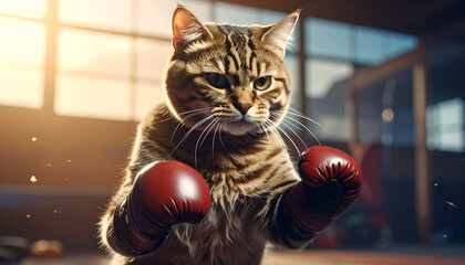 Funny tabby cat boxer wearing red gloves in gym, cinematic portrait