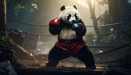 Panda bear boxer in ring, cute animal fighter in cinematic jungle gym