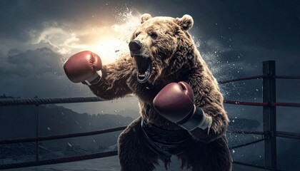 Roaring bear boxer with gloves in ring, epic cinematic fight scene