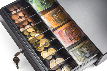 Open cash register drawer with money stacks of euro banknotes and cents coins saving and retail services isolated on white background