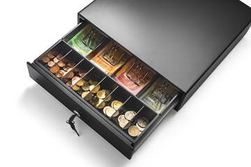 Open cash register drawer with money stacks of euro banknotes and cents coins saving and retail services isolated on white background