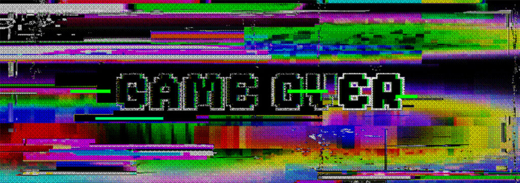 A vibrant pixel art game over message with a colorful digital glitch screen effect and distorted vhs noise background perfect for a retro gaming poster banner or technology concept