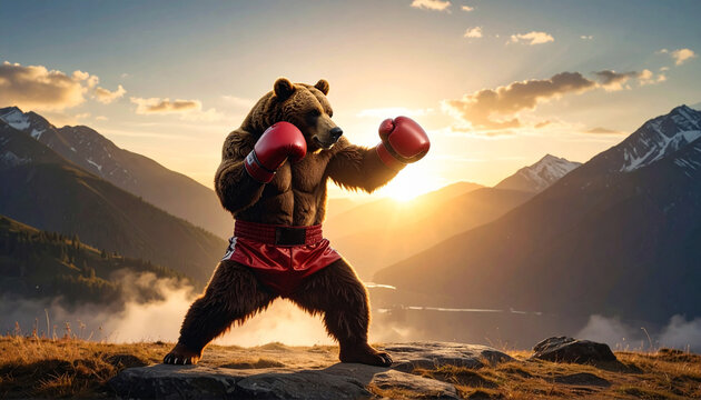 Bear boxer in red gloves on mountain peak at sunrise, epic fantasy scene