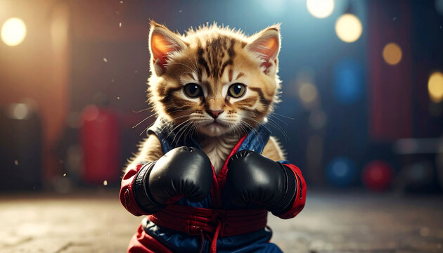 Cute boxing kitten wearing gloves in gym, funny fighter concept