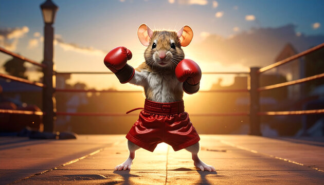 Cute mouse boxer in red gloves and shorts in boxing ring at sunset