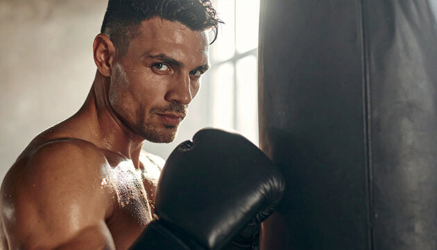 Male boxer training with heavy bag in gym, intense close-up portrait
