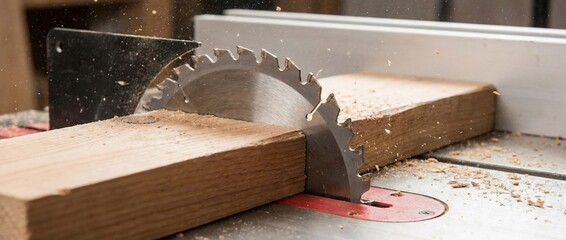 Close Up of Circular Table Saw Blade Cutting Wood