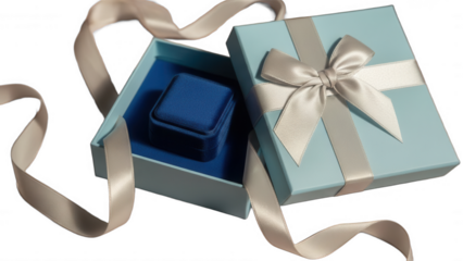 Elegant open blue gift box with a silver ribbon bow and long flowing ribbons, small square velvet jewelry box, luxury packaging for rings or earrings, perfect for proposals or anniversaries