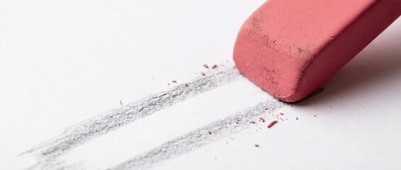 Pink rubber eraser removing pencil marks from white paper