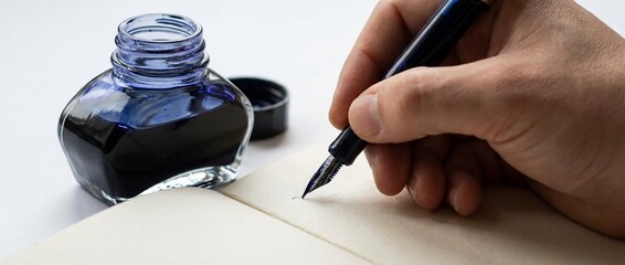 Hand writing with fountain pen next to ink bottle