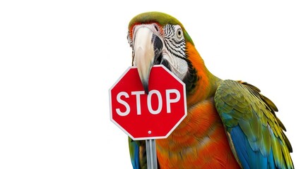 parrot holding a red stop sign, road sign, solid white background