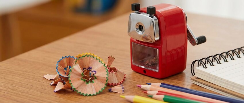 Red mechanical pencil sharpener and colored pencils on wooden desk - Powered by Adobe