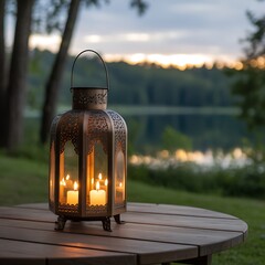 Lantern with Candles at Dusk by the Lake