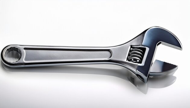 a shiny silver adjustable wrench isolated on a white background showcasing its detailed design and functionality for various mechanical tasks