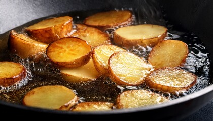 Close Up Of Potato Slices Frying In Hot Oil In A Wok