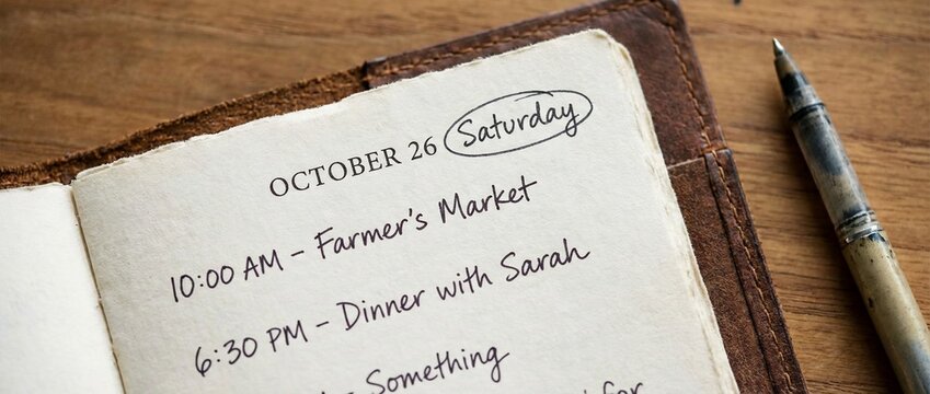 Personal planner with Saturday schedule on a wooden table