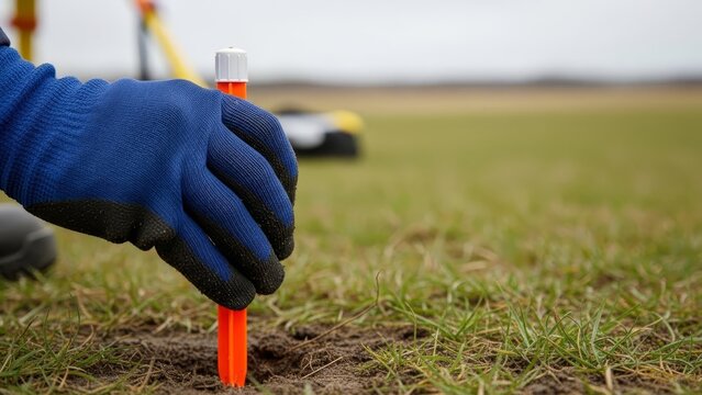 Man wearing blue glove inserts an orange survey marker into the ground for land measurement. Geodesy concept with surveying equipment in background.