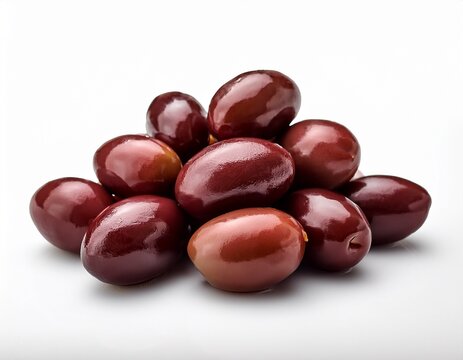 kalamata olives forming a small pile on white background