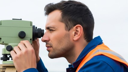 Male caucasian surveyor looking through a theodolite for land measurement. Engineering work using modern survey equipment for construction site.