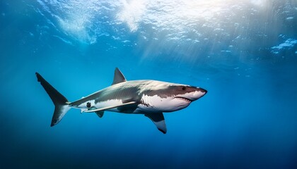 Fototapeta premium Majestic Great White Shark Swimming In Deep Blue Ocean Waters