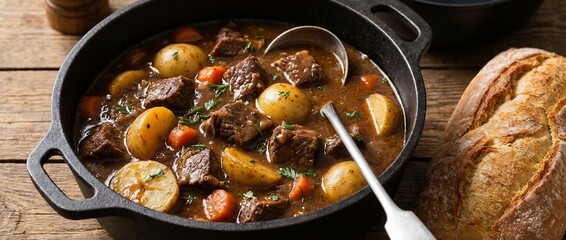 Beef stew with potatoes and carrots in cast iron pot