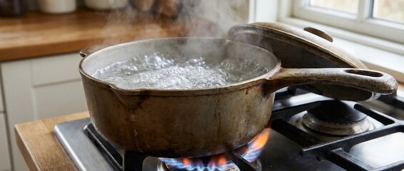 Hot Bubbling Water in Saucepan over Open Gas Flame