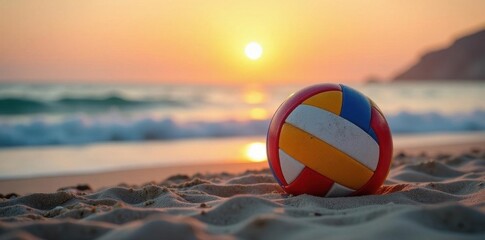 Obraz premium Two volleyballs on beach sand near ocean, sunset, horizon, light